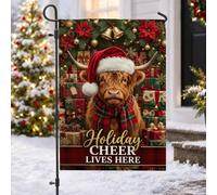 Highland Cow Chapeau de Père Noël Citation de Noël Drapeau de jardin 30,5 x | Portrait de vache des Highlands, drapeau de pelouse, chapeau de Père Noël, écharpe à carreaux, boîtes cadeaux