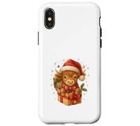Highland Cow Christmas in Gifts Box Watercolor Santa Hat Coque pour iPhone X/XS