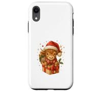 Highland Cow Christmas in Gifts Box Watercolor Santa Hat Coque pour iPhone XR