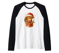 Highland Cow Christmas in Gifts Box Watercolor Santa Hat Manche Raglan