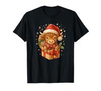 Highland Cow Christmas in Gifts Box Watercolor Santa Hat T-Shirt