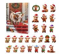 Highland Cow Countdown Calendar - 2D Flat Acrylic 24-Day Holiday Pendant, Decorative Christmas Ornament For Vacation Countdown | Cow Ornament For Car, Home, Dorm, Window, Fireplace