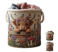 Highland Cow Garden Charm Storage Basket,Outdoor Rustic Highland Cow Themed Quilted Bucket with Handle,Cute Animal Storage Basket for Blanket Towel Toys Clothes (B, S)