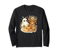 Highland Cow & Ghost Pumpkin Patch Watercolor Halloween Manche Longue