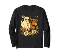 Highland Cow Ghost - Spooky Cute Retro Halloween Floral Manche Longue