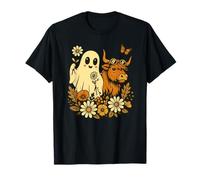 Highland Cow Ghost - Spooky Cute Retro Halloween Floral T-Shirt