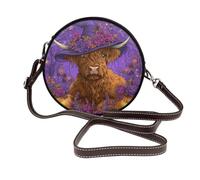 Highland Cow Halloween Chapeau de sorcière violet pour femme Sac à bandoulière rond en cuir Sac à main