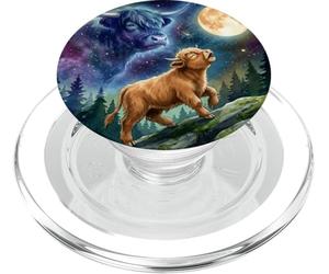 Highland Cow Howling at The Moon Night Sky Animal Art PopSockets PopGrip pour MagSafe
