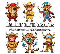 Highland Cow in Costumes Bold and Easy Coloring book: 50 Adorable Highland Cows Cute and Relaxing Designs for Adults and Kids to Calm Down, Reduce Anxiety and Relaxation