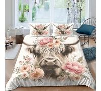 Highland Cow Linge de Lit Entretien Facile Microfibre Hypoallergique 3 pièces Floral Art Style Ensemble De Literie avec 2 Taies d'oreiller Léger for Chambre de Adolescents King（220x240cm）