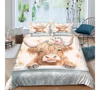 Highland Cow Linge de Lit Microfibre résistante 3 Pièces 3D Effet Léger Floral Crown Art Style Ensemble De Literie avec Taie d'oreiller Facile d'entretien for Chambre à Coucher Single（140x200cm）
