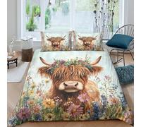 Highland Cow Linge de Lit Microfibre résistante 3 pièces 3D Imprimée Léger Floral Art Style Parure de Lit avec Taie d'oreiller Entretien Facile for Chambre Enfants Single（140x200cm）