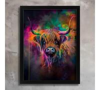 HIGHLAND COW MULTI COLOUR DUST HOME DECOR ANIMAL COW WALL ARTWORK PICTURE PRINT A3 Poster on Canvas - Décoration murale inspirante et motivante pour la vie quotidienne Citation encourageante de phras