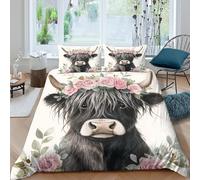 Highland Cow Parure de Lit Imprimé en 3D Microfibre résistante 3 pièces Floral Crown Art Style_ Housse de Couette avec Fermeture Éclair Super Douce for Hommes Enfants Single（140x200cm）