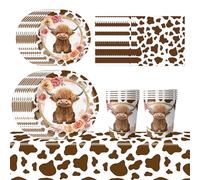 Highland Cow Vaisselles 51pcs Vaisselle de Fête Vache, Décorations d'anniversaire de vache de haute, Assiettes, Nappes & Accessoires pour Anniversaire, Pique-nique ou BBQ