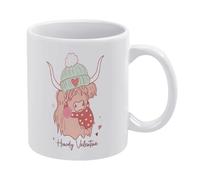 Highland Cow Valentine-2 Tasse à café en céramique blanche de 325 ml, tasse à thé imprimée des deux côtés avec poignée ergonomique en C et fond épais en porcelaine pour la maison, le bureau, la