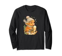 Highland Cow Winter Sled & Hot Cocoa Cute Watercolor Manche Longue