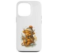 Highland Cow Winter Watercolor on Sled with Hot Cocoa Coque pour iPhone 13 Pro