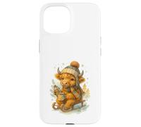 Highland Cow Winter Watercolor on Sled with Hot Cocoa Coque pour iPhone 15