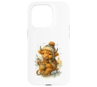 Highland Cow Winter Watercolor on Sled with Hot Cocoa Coque pour iPhone 15 Pro