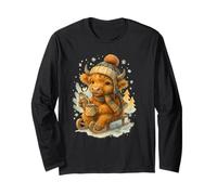 Highland Cow Winter Watercolor on Sled with Hot Cocoa Manche Longue