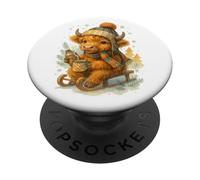 Highland Cow Winter Watercolor on Sled with Hot Cocoa PopSockets PopGrip Adhésif