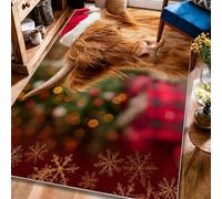 Highland - Tapis imprimé vache des Highlands, chapeau de Père Noël festif, flocons de neige de Noël, rouge, tapis à poils courts pour salon, chambre à coucher, dortoir, cuisine, décoration 1,2 x 1,8 m