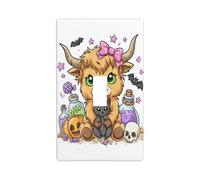 Highland Vache rose nœud tenant un chat noir Plaque murale décorative simple pour cuisine, ferme, chambre à coucher, salle de bain