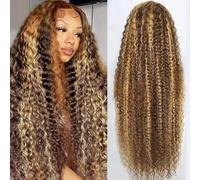 Highlight Perruques de cheveux humains ondulés avec dentelle frontale - 86,4 cm - 33 x 15,2 cm - HD - Densité 200 - Sans colle - Blond miel ombré - Perruque bou pour femme - Pré-épilée avec des