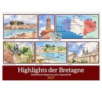 Highlights der Bretagne (Wandkalender 2027 DIN A3 quer), CALVENDO Monatskalender: Schönheit der Region im zarten Aquarell-Stil