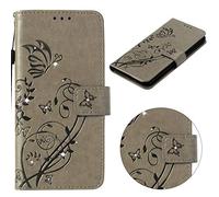 HIGHTec Coque en PU Cuir Diamant pour Sony Xperia XZ2 Compact Portefeuille Étui à Rabat Housse Protecteur Stand et Carte de Slot Coquille Briller de Luxe 3D Fleur Couvrir pour Sony XZ2 Compact Gris