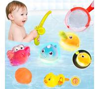 Highttoy Jouet Bain Bébé, 7 Pièces Peche a la Ligne avec 3 Jouets de Bain Pêche Lumineux/Canard Nageur Remonter/Filet de Pêche/Canne Pêche/Boule à Eau, Flottante Jouet de Bain pour Bébé Enfant