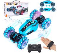 Highttoy Voiture Télécommandée Enfant, 4x4 Voiture Contrôle Gestuel Tout Terrain Rotation à 360° avec Spray, Musique et LED Jouet Enfant 6 7 8 9 10 Ans Cadeau Garçon, Bleu