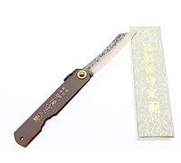 Higonokami Couteau de Poche Pliant Japonais Série Limitée Acier Aogami Bleu Lame Martelée Manche Cuir Gris Couteau Forgé à Froid Fait Main au Japon par Nagao Kanekoma