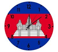 Higoss Horloge murale ronde avec drapeau du Cambodge - 25,4 cm - Silencieuse - Sans tic-tac - Fonctionnement à piles - En PVC précis - Décoration pour la ferme, la maison et le bureau