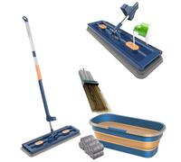 HiGropcore Grand balai plat à essorage automatique et seau à franges pliable 【Balai magique à 360 degrés avec raclette + grand seau à franges pliable de 40 litres + 6 tampons en microfibre】
