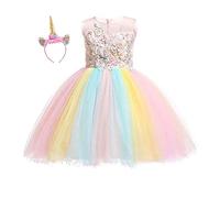 HIHCBF Costume d'Halloween licorne pour anniversaire, concours de beauté, fête, tutu à fleurs, robes de soirée, carnaval, tenue multicolore 6-7 ans