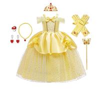HIHCBF La Belle et la Bête Costumes de Carnaval Filles Robe de Princesse Belle pour Anniversaire Noël Fête Halloween Cosplay Cérémonie avec Accessoires 6-7 ans