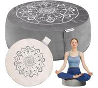 Hihealer Coussin de Méditation avec Housse en Velours - Grand Zafu Tibétain pour Yoga et Méditation, Rempli de Cosses de Sarrasin, Cadeau Relaxation pour Femme (Gris et Blanc, 40 x 40 x 12 cm)