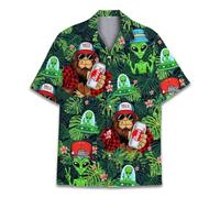 HIHI GLOBAL Chemise hawaïenne à manches courtes pour homme et femme, chemise hawaïenne boutonnée à manches courtes pour homme, Bigfoot Alien 3, M