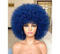 Hihoo Short Afro Wig avec frange pour femmes noires Afro Kinky Curly Wig 70S Premium Synthetic Big Afro Wig (bleu)
