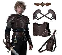 HiiFeuer Armure Médiévale pour Enfants 4 Pièces en Cuir Faux - Ensemble Double Épaule, Plastron, Porte-Épée Dorsal et Coiffe (Marron A)