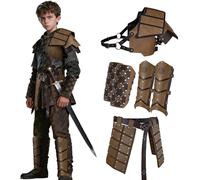 HiiFeuer Armure Médiévale pour Enfants 6 Pièces en Cuir Faux - Ensemble Épaule, Brassards, Jambières et Ceinture de Style Vintage (Marron A)