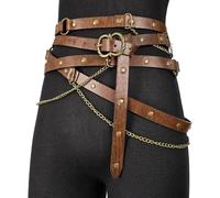 HiiFeuer Ceinture médiévale en faux cuir avec chaîne en métal, Ceinture fine réglable vintage pour femmes, Ceinture skinny rétro pour robes (Marron A)