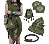 HiiFeuer Costume Femme Renaissance 5 Pièces - Robe Médiévale sans Manches Elfe en Suède avec Capuche, Brassards, Ceinture Fantaisie et Sac à Cordon (Vert L)