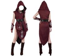 HiiFeuer Costume Femme Renaissance 5 Pièces - Robe Médiévale Sans Manches Elfe en Suède avec Capuche, Brassards, Ceinture Fantaisie et Sac à Cordon (Rouge XL)