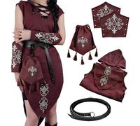 HiiFeuer Costume Femme Renaissance 5 Pièces - Robe Médiévale sans Manches Elfe en Suède avec Capuche, Brassards, Ceinture Fantaisie et Sac à Cordon (Rouge L)