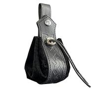 HiiFeuer Pochette à Cordon en Faux Cuir Médiéval, Porte-Monnaie Portable Rétro Nordique, Pochette de Ceinture Vintage Sac à Dés pour LARP Ren Faire(Noir A)