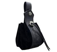 HiiFeuer Pochette à Cordon en Faux Cuir Médiéval, Porte-Monnaie Portable Rétro Nordique, Pochette de Ceinture Vintage Sac à Dés pour LARP Ren Faire(Noir B)