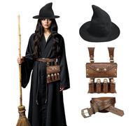HiiFeuer Set d'alchimie médiéval en Faux Cuir, Chapeau Pointu de sorcière pour Femme, Ceinture de Sorcier Fantastique avec Pochette de Taille pour fioles de Potions (Marron A)